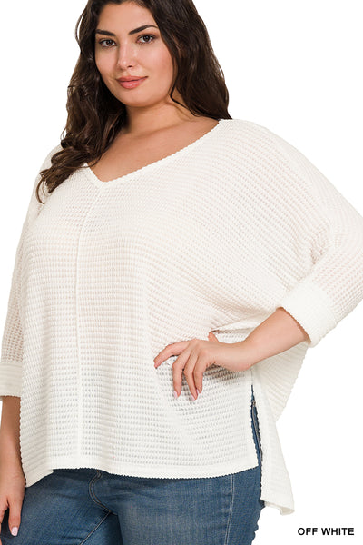 3/4 SLEEVE V-NECK HI-LOW HEM JACQUARD SWEATER