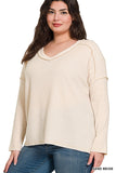 BRUSHED RIBBED HACCI DROP SHOULDER V-NECK