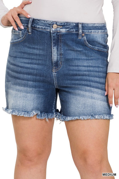 Medium MID RISE RAW FRAYED HEM DENIM SHORTS