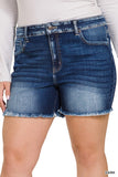 Dark Mid Rise Raw Frayed Hem Denim Shorts
