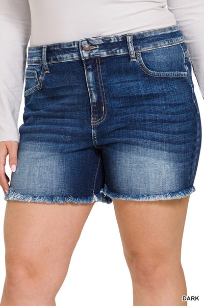 Dark Mid Rise Raw Frayed Hem Denim Shorts