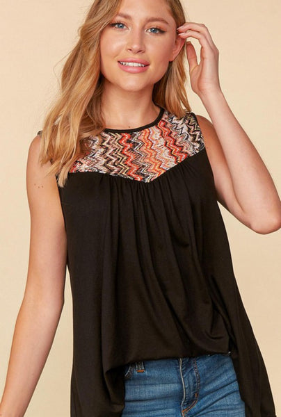 ZIGZAG CHEVRON LACE YOKE COLOR BLOCK TANK