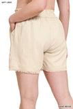 LINEN FRAYED HEM DRAWSTRING SHORTS