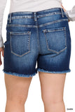 Dark Mid Rise Raw Frayed Hem Denim Shorts