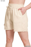 LINEN FRAYED HEM DRAWSTRING SHORTS