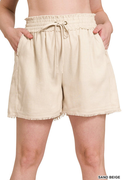 LINEN FRAYED HEM DRAWSTRING SHORTS