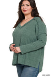 BRUSHED RIBBED HACCI DROP SHOULDER V-NECK