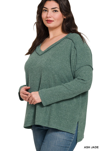 BRUSHED RIBBED HACCI DROP SHOULDER V-NECK