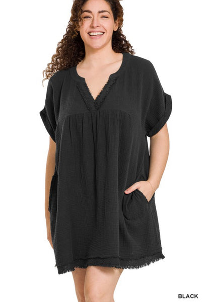 DOUBLE GAUZE RAW EDGE V-NECK DRESS