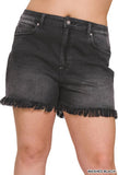 WASHED BLACK CUFFED RAW HEM DENIM SHORTS