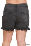 WASHED BLACK CUFFED RAW HEM DENIM SHORTS